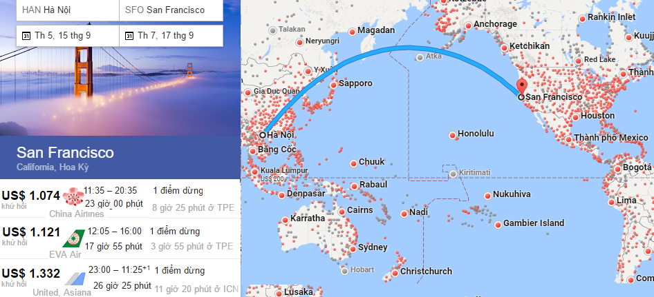 Bản đồ đường bay từ Việt Nam đi San Francisco, Mỹ